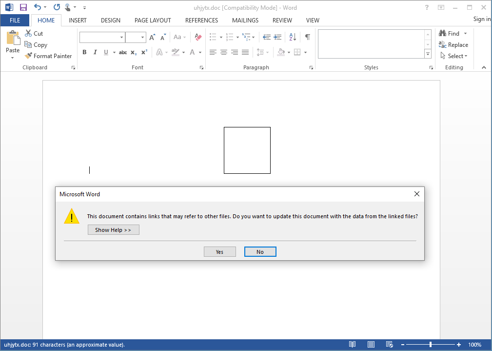 Word document with a security popup box saying: 'This document contains links that may refer to other files. Do you want to update this document with the data from the linked files?' In the document, there is a white square with a black outline as the only content on the page.