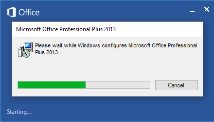 Office loading window with a Windows Installer window over it configuring Microsoft Office Professional Plus 2013.