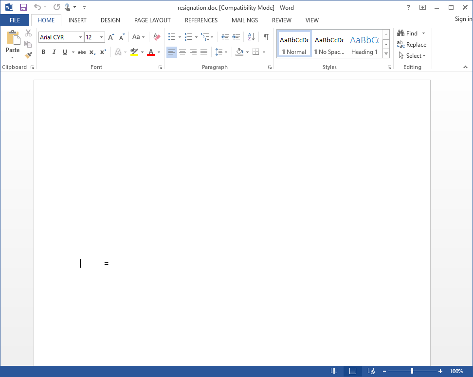 Word document open with seemingly no content and an equals sign randomly on the page