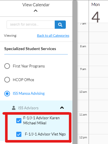 Advisor select area on appointments page.