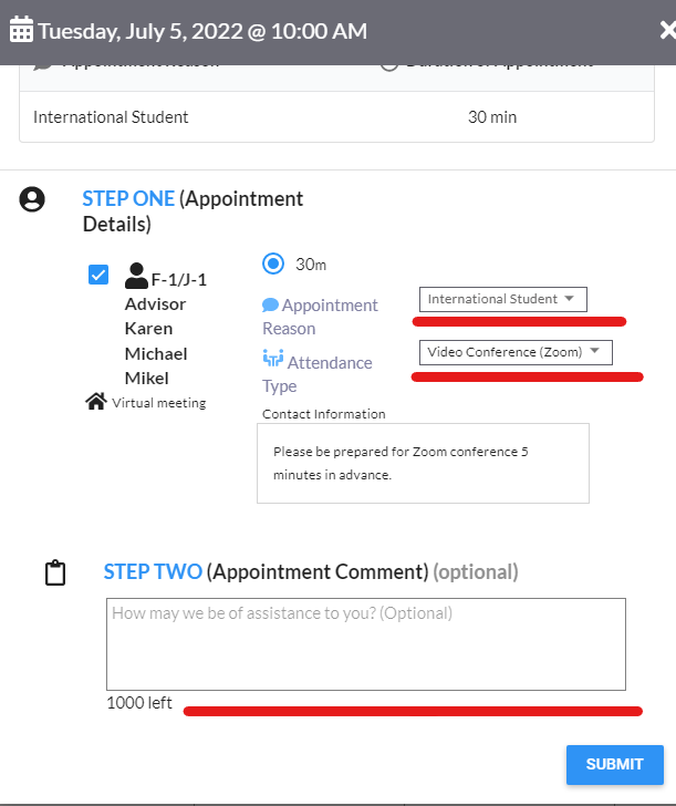 Appointment window preview with required fields highlighted