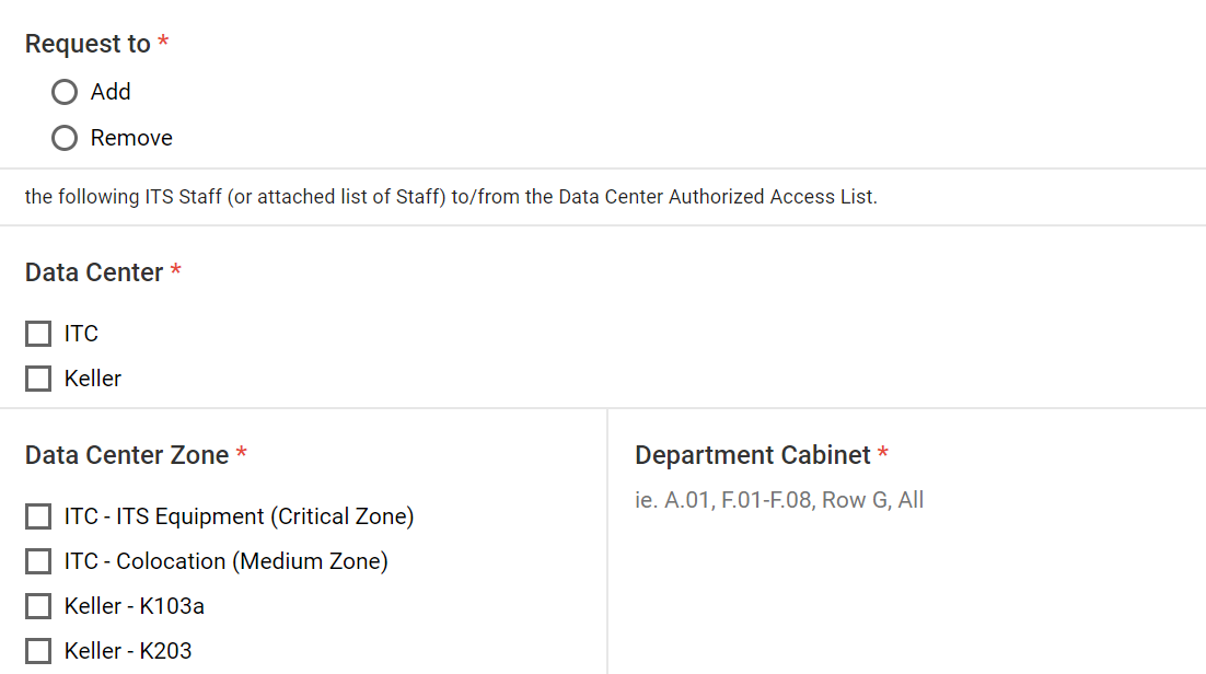 Request to add remove data center itc keller data center zone department cab