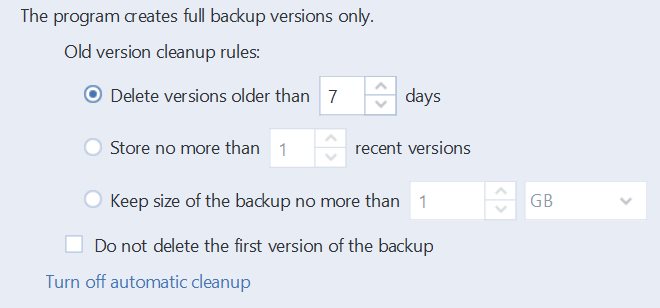 Acronis True Image 2018 data retention section