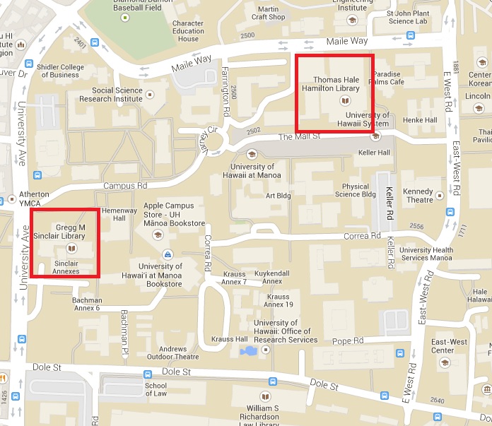 Map of the UH Manoa campus showing ITS Lab locations