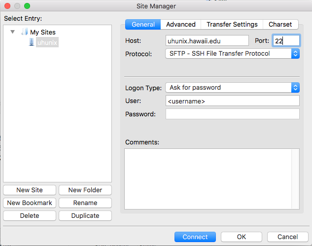 Site Manager window with uhunix.hawaii.edu host information filled in