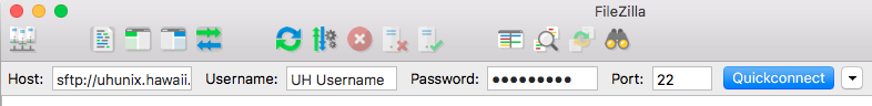 Top of the FileZilla client window showing the Quickconnect button