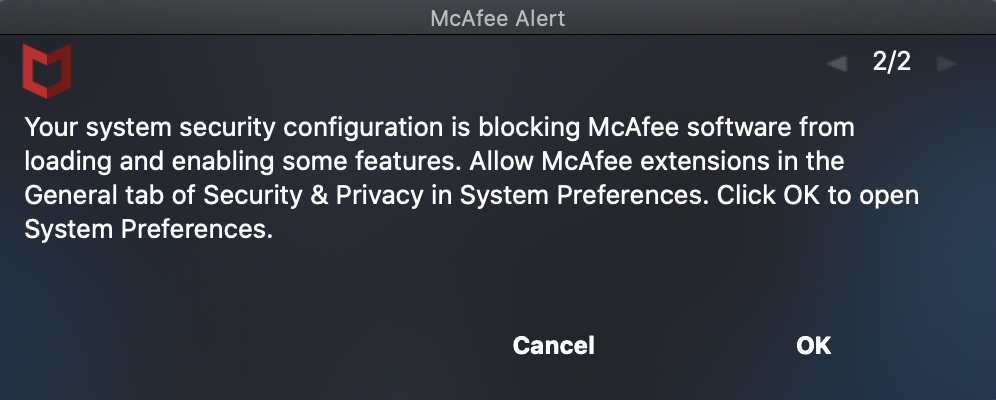 Second McAfee Alert error pop-up due to macOS permissions