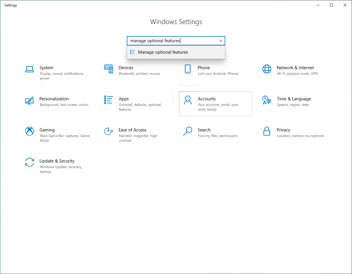 Searching for manage optional features in the Windows Settings application in Windows 10.