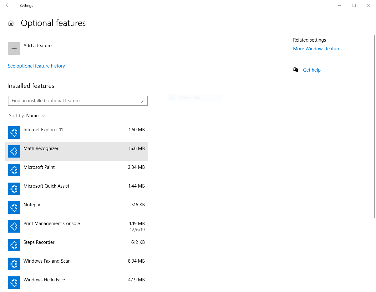 The optional features menu in settings app in Windows 10.
