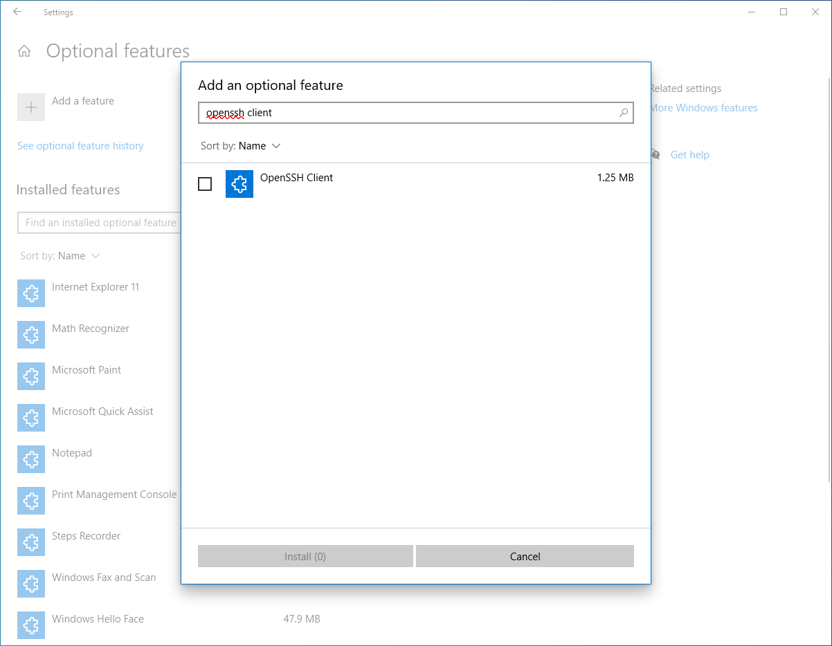 Searching the OpenSSH Client in the Settings application.