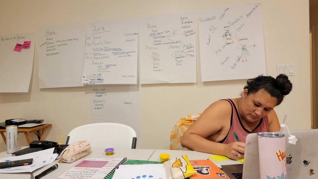 Annemarie Paikai taking notes in front of chart paper