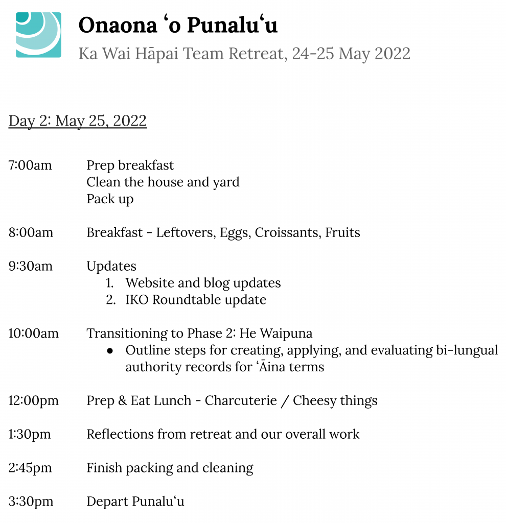 Page 2 of Punaluʻu Retreat agenda