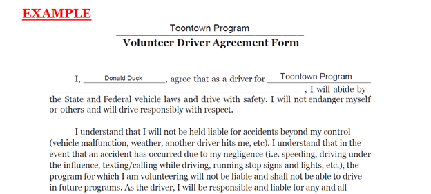 Sample fill out of general information for Volunteer Driver Agreement Form