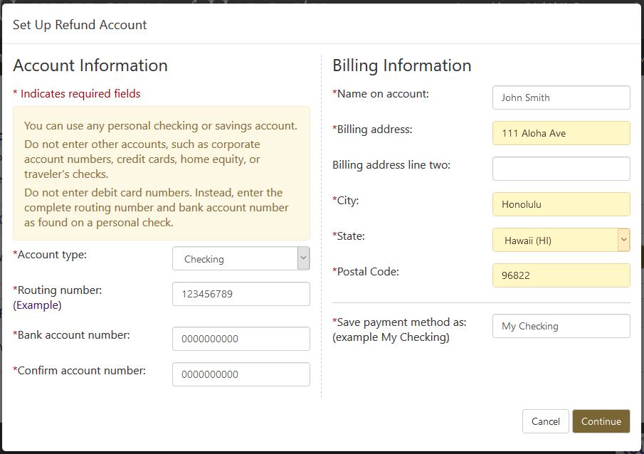 Set Up Refund Account Screenshot