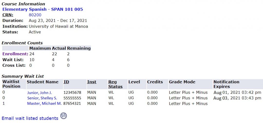 Wait List with Students Screenshot