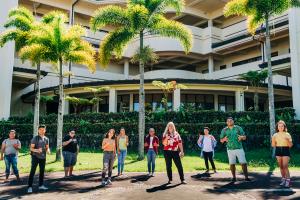 Chancellor Bonnie D. Irwin and students shaka to celebrate UH Hilo's #1 diversity ranking.
