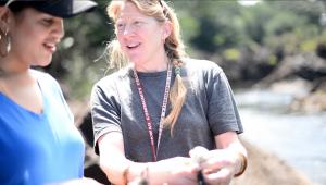 Pamela Scheffler, right, works with a student at the Wailuku River in Hilo.