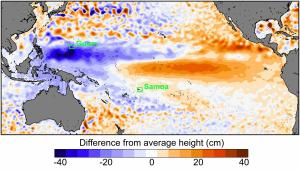 Extreme low sea levels (purple) in the western Pacific are associated with the strong El Niño.
