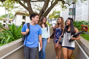 UH Manoa students near the Shidler College of Business.