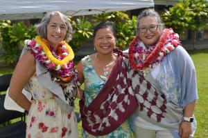 Melanie Wilson, right, and Laura Hill, left, with Hawai'i CC Chancellor Rachel Solemsaas