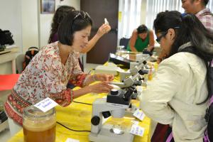 Hawaii CC science instructor Luria Namba talks to an attendee at a past Hawaii CC Day event.  