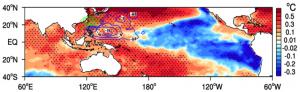 Fig. 2. Differences in SST and intense tropical cyclone numbers, comparing hiatus to pre-hiatus.