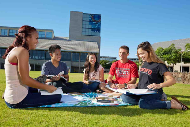 students sitting on lawn