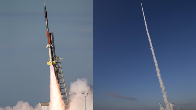 Two views of a rocket launch