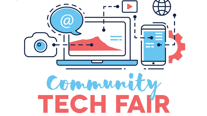 event poster illustrations of laptop, camera with words "community tech fair"