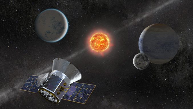 illustration of satellite in space with planets and sun