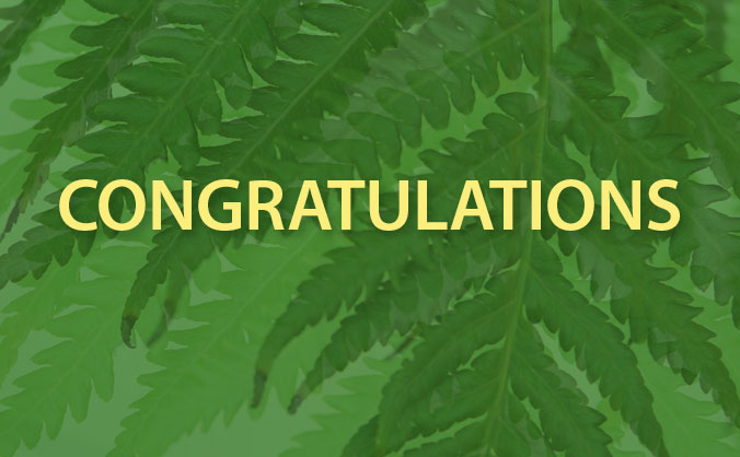The word ʻcongratulationsʻ in front of green leaves