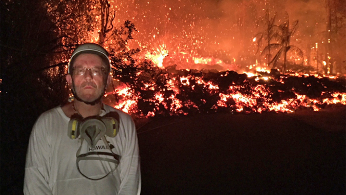 Bruce Houghton with Kilauea eruption behind him