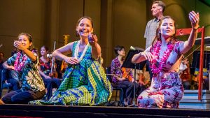 Women seated performing hula