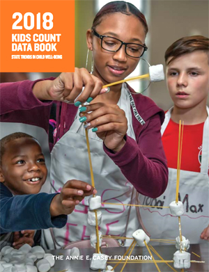 cover of Kids Count Data book with 3 kids building with marshmallows and sticks