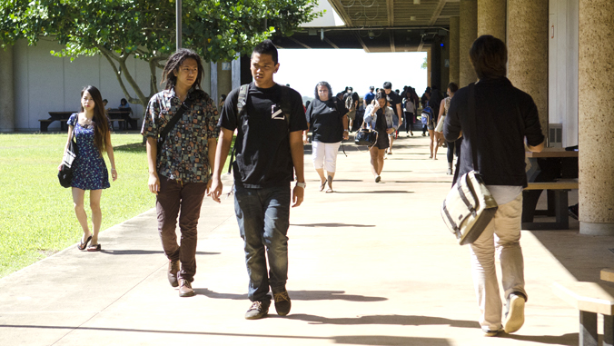 students walking through Leeward Community College