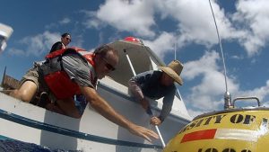 Two researchers reaching for a buoy off a boat