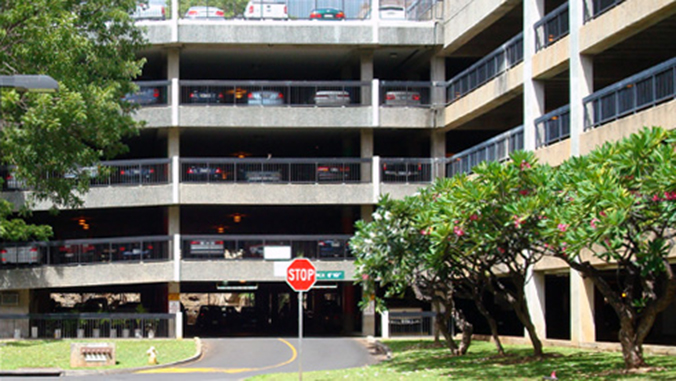 The exterior of the parking structure