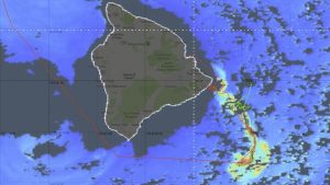 Satellite image of Hawaii Island indicating phytoplankton blooms