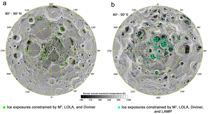 Moon rendering with green and blue dots indicating water