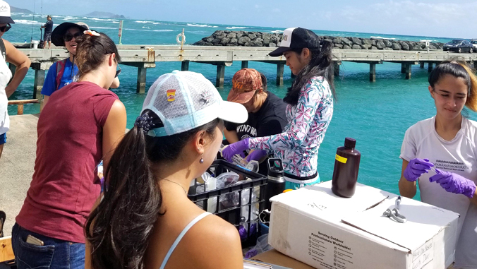 students on pier with water testing equipment