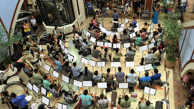 People playing instruments in a mall.