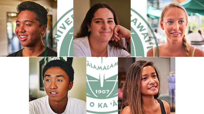 Five freshmen and the U H Manoa seal
