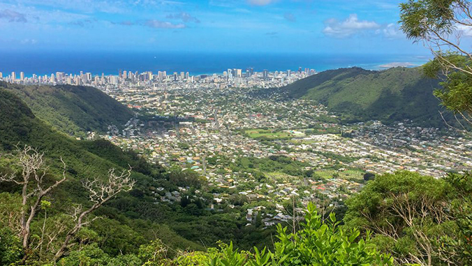 Mānoa Valley and Waikiki, downtown Honolulu, and the ocean in the distance