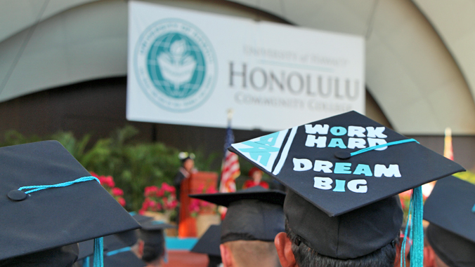 commencement cap with words "work hard, dream big" on it
