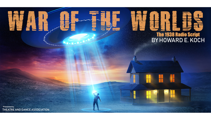 war of the worlds graphic art with guy staring at alien spaceship