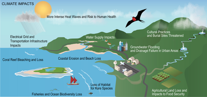illustration of an island and coastline with climate change impacts labeled