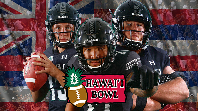 Football players in front of a Hawaii flag background with the Hawaii Bowl logo