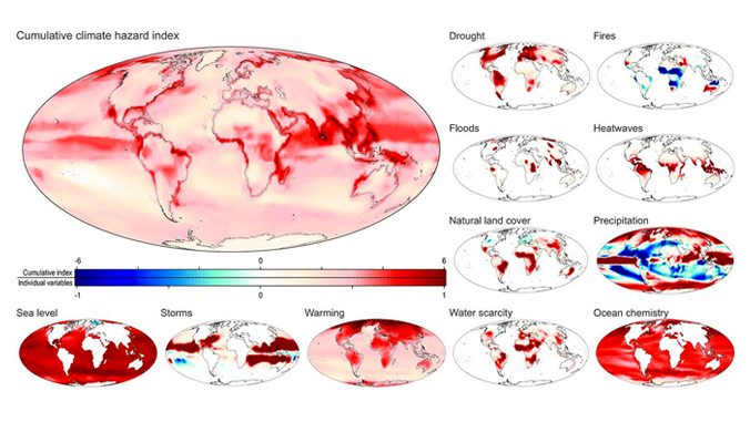 A map with smaller maps mostly with red indications of drought, fires, floods, heatwaves, natural land cover, precipitation, water scarcity, ocean chemistry, sea levels, storms and warming