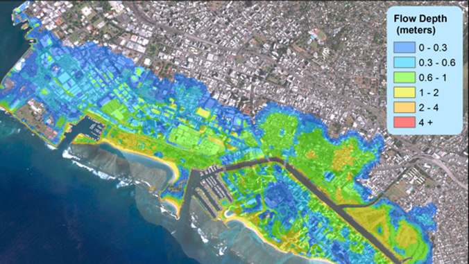 A flow depth map of Waikiki for an Iniki-like hurricane making landfall at Oʻahu