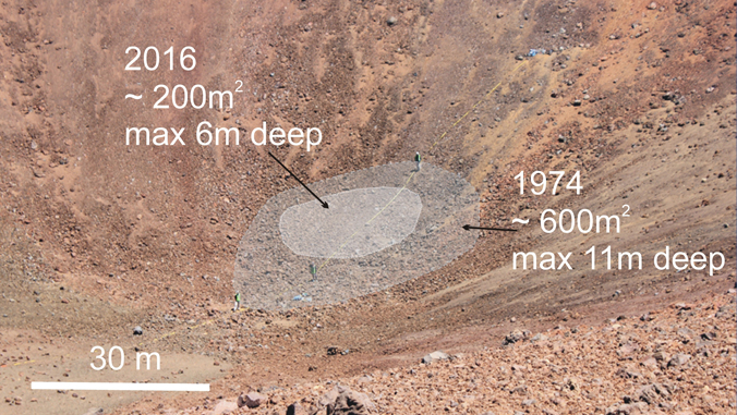 Puuwekiu crater with two circles shaded to indicate buried ice